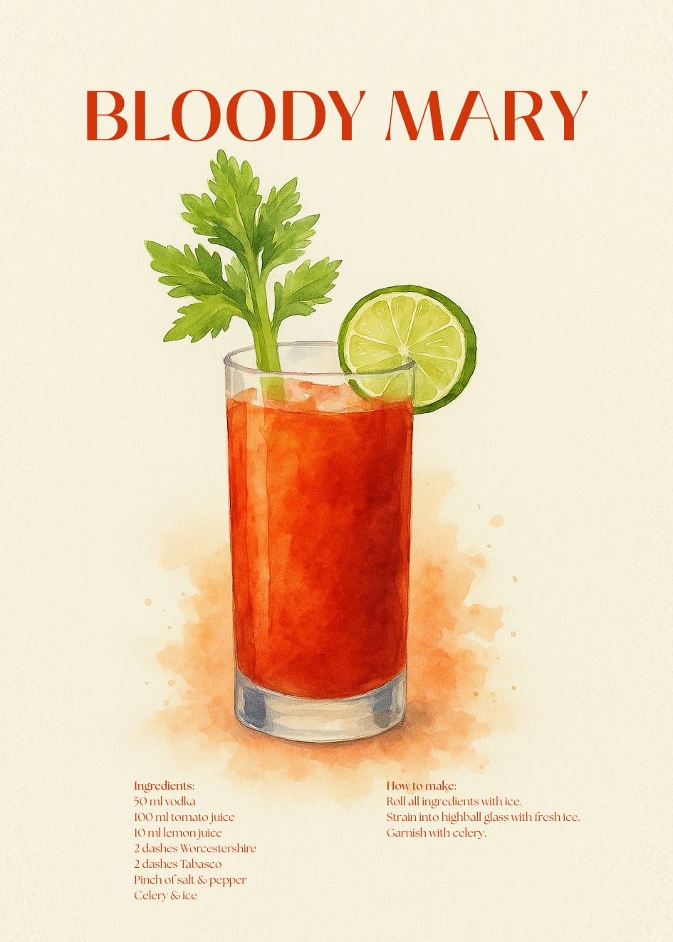 Bloody Mary Cocktail Poster – Akvarellstil