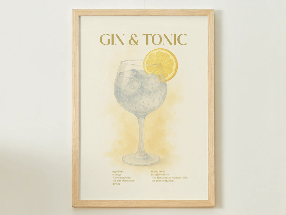 Gin & Tonic Cocktail Poster – Akvarellstil
