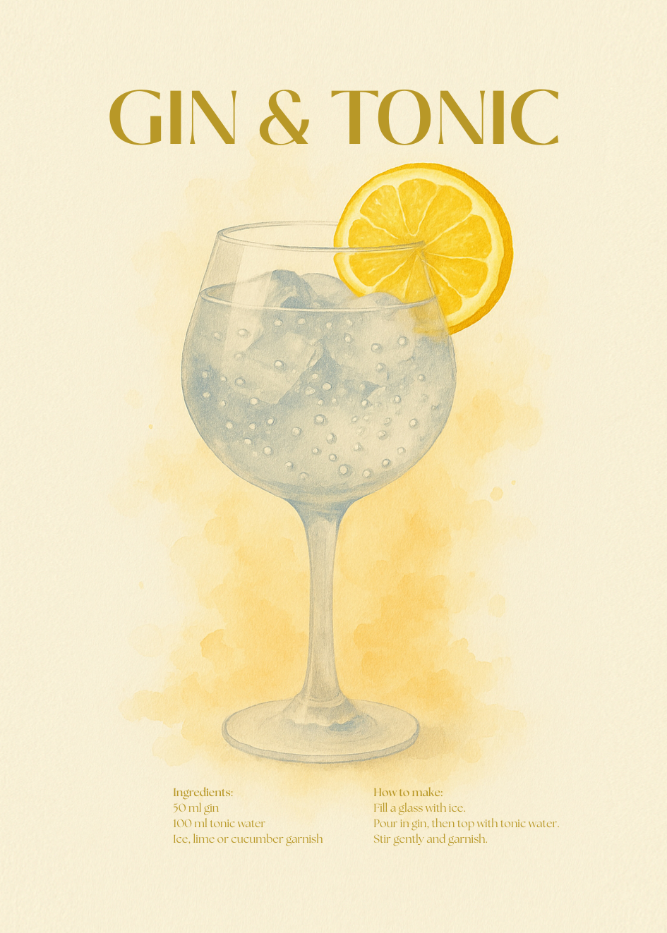 Gin & Tonic Cocktail Poster – Akvarellstil