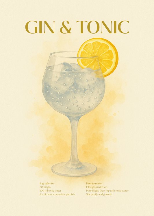 Gin & Tonic Cocktail Poster – Akvarellstil